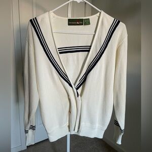 Outback Red White Cream Colored Cardigan/Sweater with Navy Stripes